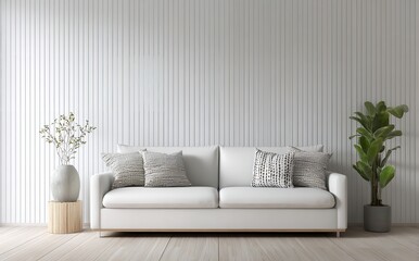 Modern Minimalist White Sofa Living Room Interior Design home wood wall grey cozy calm decor style  