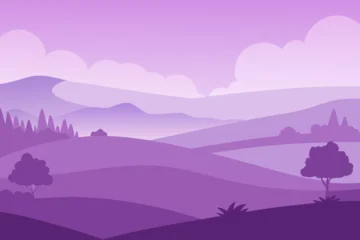 Gordijnen Serene purple landscape with rolling hills trees and clouds in a flat design style © Rahana 
