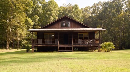 Obraz premium Rustic cabin nestled in a verdant forest