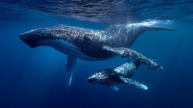 A magnificent humpback whale and its calf swim gracefully through the deep blue ocean.