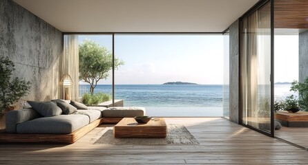 Modern Coastal Living Room Design Sea View Luxury Apartment Wooden Floor home sofa gray blue calm   