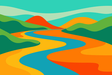 Abstract landscape with a winding river flowing through colorful hills and mountains