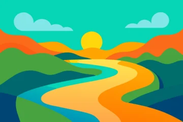 Fototapete Rund Vibrant abstract landscape with winding river and colorful rolling hills under a bright sun © Rahana 