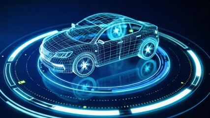 A futuristic wireframe car model glows with blue light on a digital circular platform, symbolizing advanced automotive design, engineering, and technology innovation. - Powered by Adobe