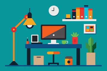Modern flat design office workspace with computer lamp and plants