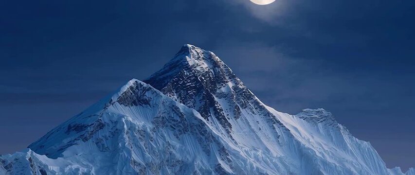 Anamorphic video snow-capped mountain peak bathed in the ethereal glow of a full moon. Ideal for adventure, nature, beauty, tranquility.