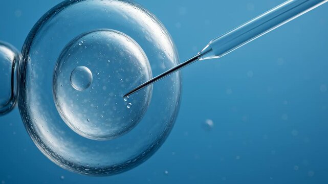 Stem cell therapy lab. In vitro fertilization needle injecting transparent egg cell with detailed microscopic scientific injection process blue light