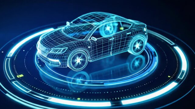 A futuristic wireframe car model glows with blue light on a digital circular platform, symbolizing advanced automotive design, engineering, and technology innovation. - Powered by Adobe
