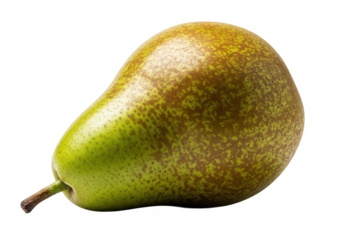 Single ripe green pear with brown speckles on fruit