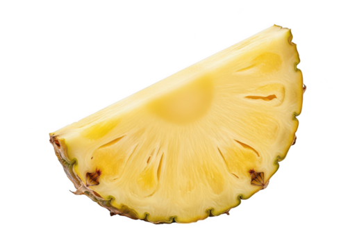 Single ripe pineapple slice with yellow flesh and green rind on fruit