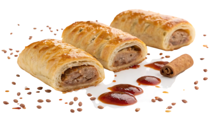 Three golden brown sausage rolls with ketchup and sesame seeds