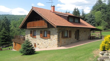 Stone house nestled in a lush valley
