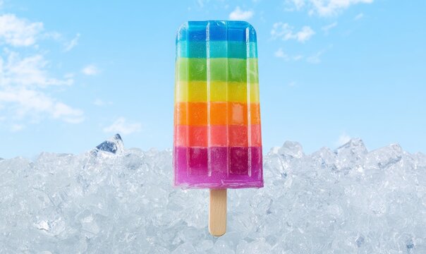 Colorful Rainbow Ice Pop Against Bright Sky Background