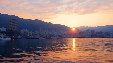Sunrise over a city harbor, reflected in calm water. Mountains form a backdrop