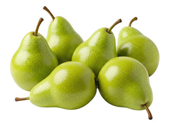 Six ripe green pears arranged on a fruit food