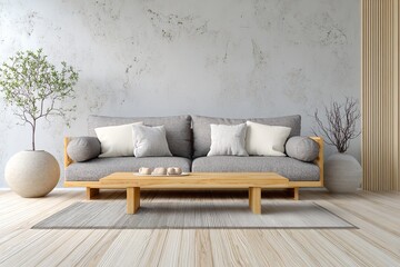 Modern Minimalist Living Room Interior Design Wooden Sofa rug zen gray home cozy calm airy grey chic