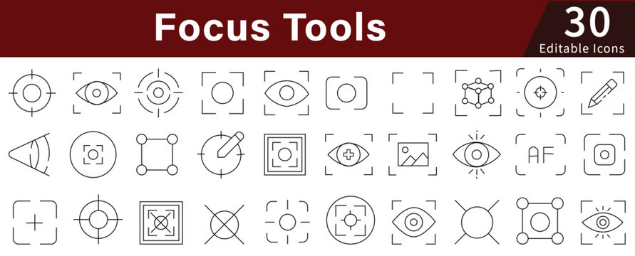 Focus Tools Line Icons Set with Editable Stroke for Concentration, Productivity, Attention, and Mental Performance