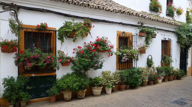 Whitewashed building facade adorned with numerous hanging flower baskets and potted plants