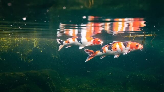 Graceful Koi Carp Swimming in Tranquil Pond Waters Underwater View.