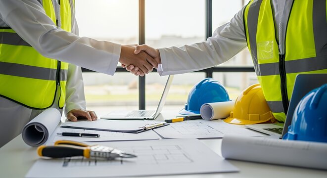 Two construction professionals shake hands, signifying a successful partnership and collaboration on a new building project, blueprints and hard hats nearby.