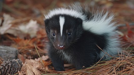 Fototapeta premium Adorable baby skunk with a striking white stripe amidst autumn leaves.
