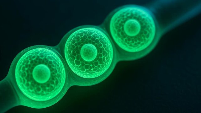 Stem cell therapy lab. Three glowing green organic cells connected chain showing detailed microscopic cellular structure and vibrant biological glowing