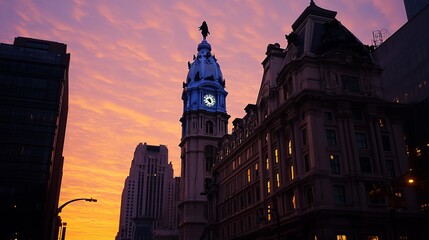 Fototapeta premium City skyline at sunset, clock tower prominent