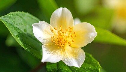 Close-up of a pale yellow flower with dew drops, vibrant green foliage in soft sunlight