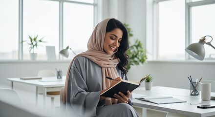 A Muslim woman in a hijab sits at her desk in a bright , smiling as she thoughtfully writes in her journal.