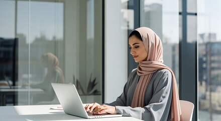 A young woman in a hijab works on her laptop in a modern, sunlit space.