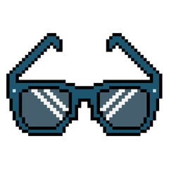 Pixel sun glasses icon vector. Perfect for summer themes, fashion accessories, or vacation visuals. This graphic depicts stylized sunglasses, ideal for sunny days and cool vibes.