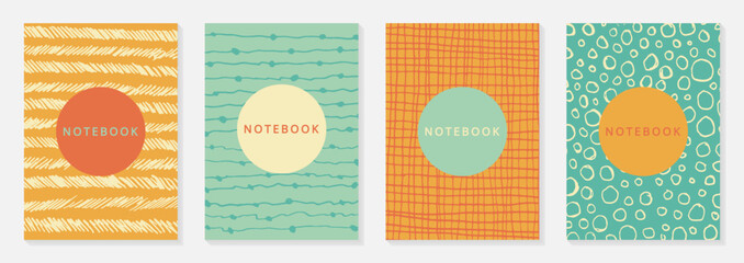 Notebook cover templates. Vibrant colors ink doodle backgrounds. Summer vibes planners covers set. Design for stationary, scrapbooking, banner. Vector illustration.