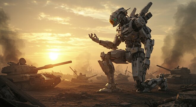 Hopeful Robot Kneeling in a Battlefield Featuring Tanks and Sunset