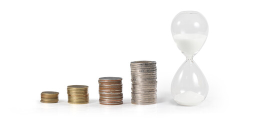 hourglass filled with sand, symbolizing the passage of time and and silver coin stock. Business Concepts, and Success in Finance, Banking and Investment