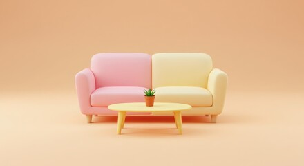 Pastel Harmony Pink  Yellow Couch with Plant on Table with Minimalist Style.