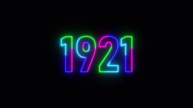 1921 neon line text. Abstract 1921 neon text animation ,For neon color Glowing neon number text background 4k video animation .Digital font against a dark background with neon line looping animation.