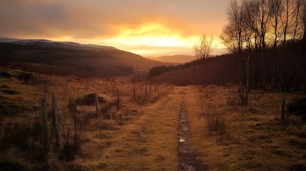 Obraz premium Golden sunset over a pathway through a hillside valley