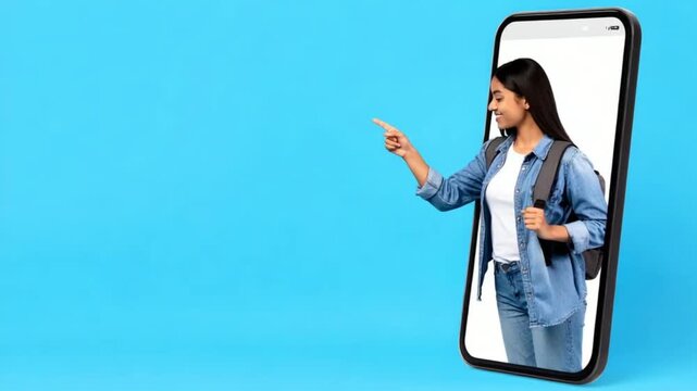 Smiling young Indian woman student with backpack emerging from smartphone, pointing at empty blue space. Ideal for online education, digital learning, mobile app promotion, tech concepts.