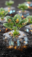 Smart Farming AI Systems Futuristic plants growing in digital soil. Food Supply Chain Tech Sustainable AgriTech Innovation