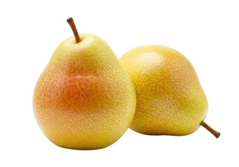 Two ripe yellow pears with red blush on fruit