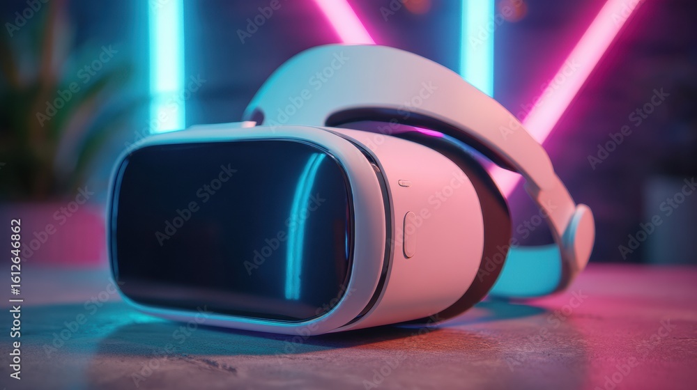 Poster vr headset showcasing clean advertisement in a vibrant neon setting with abstract background element