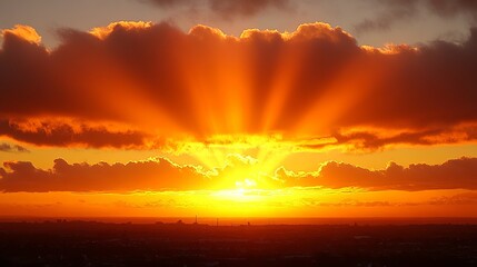 Fototapeta premium Dramatic sunset with sun rays piercing clouds over city