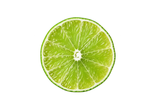 Vibrant green lime slice with detailed pulp and rind against citrus fruit