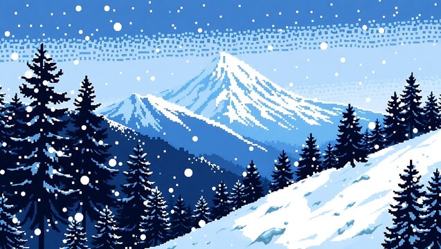 8-bit snowy mountain peak scene in Japan, dark evergreens and shimmering pixel snowflakes falling gently