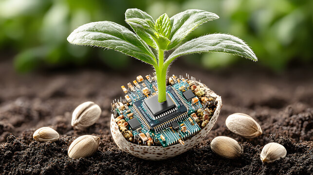 Smart Farming AI Systems Plant grows from a computer chip in soil. Food Supply Chain Tech Sustainable AgriTech Innovation