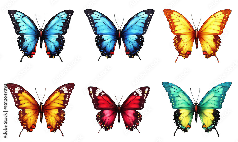 Poster six colorful butterflies with different wing patterns and colors isolated on transparent background