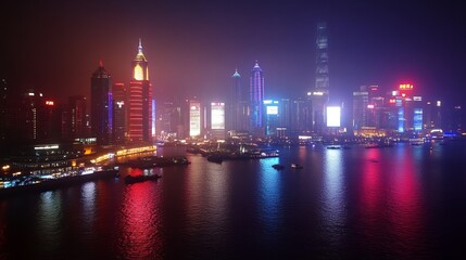 Fototapeta premium Blurred cityscape at night, vibrant lights reflecting on water