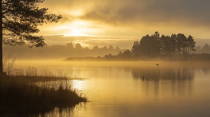 Obraz premium Golden sunrise over a misty lake, with silhouettes of trees
