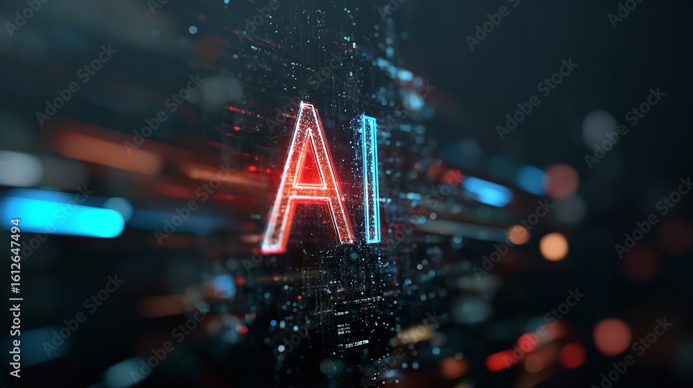 Aufkleber abstract ai technology digital art neon red blue glow futuristic background web data code deep pixel
