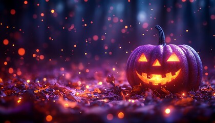 Fototapeta premium Glowing purple jack o lantern on autumn leaves with bokeh lights halloween pumpkin